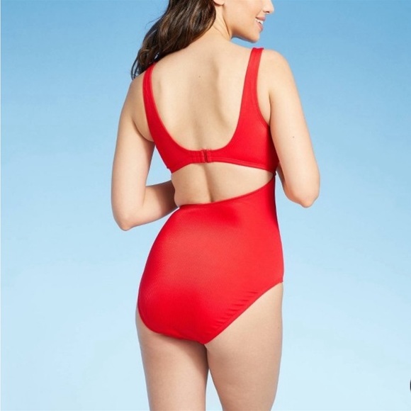 Kona Sol Textured Ribbed Side Cut Out Medium Coverage One Piece Swimsuit Red XL - Picture 2 of 5